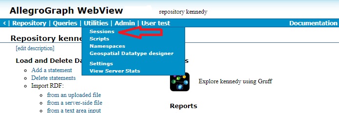 Utilities menu with Sessions