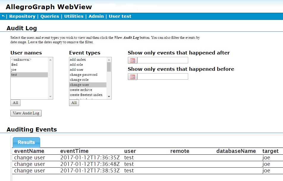 The Audit Log displaying test's change-user activity